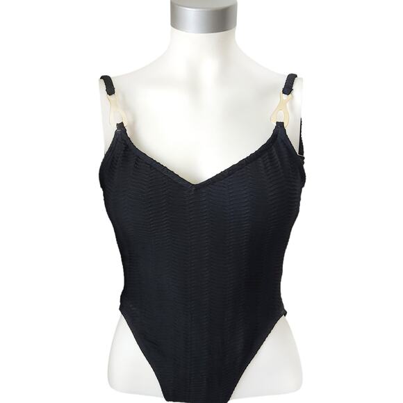 Vintage BAJA BLUE Swim  black ribbed one piece scoop back bathing swimsuit Sz 4 - Picture 1 of 9